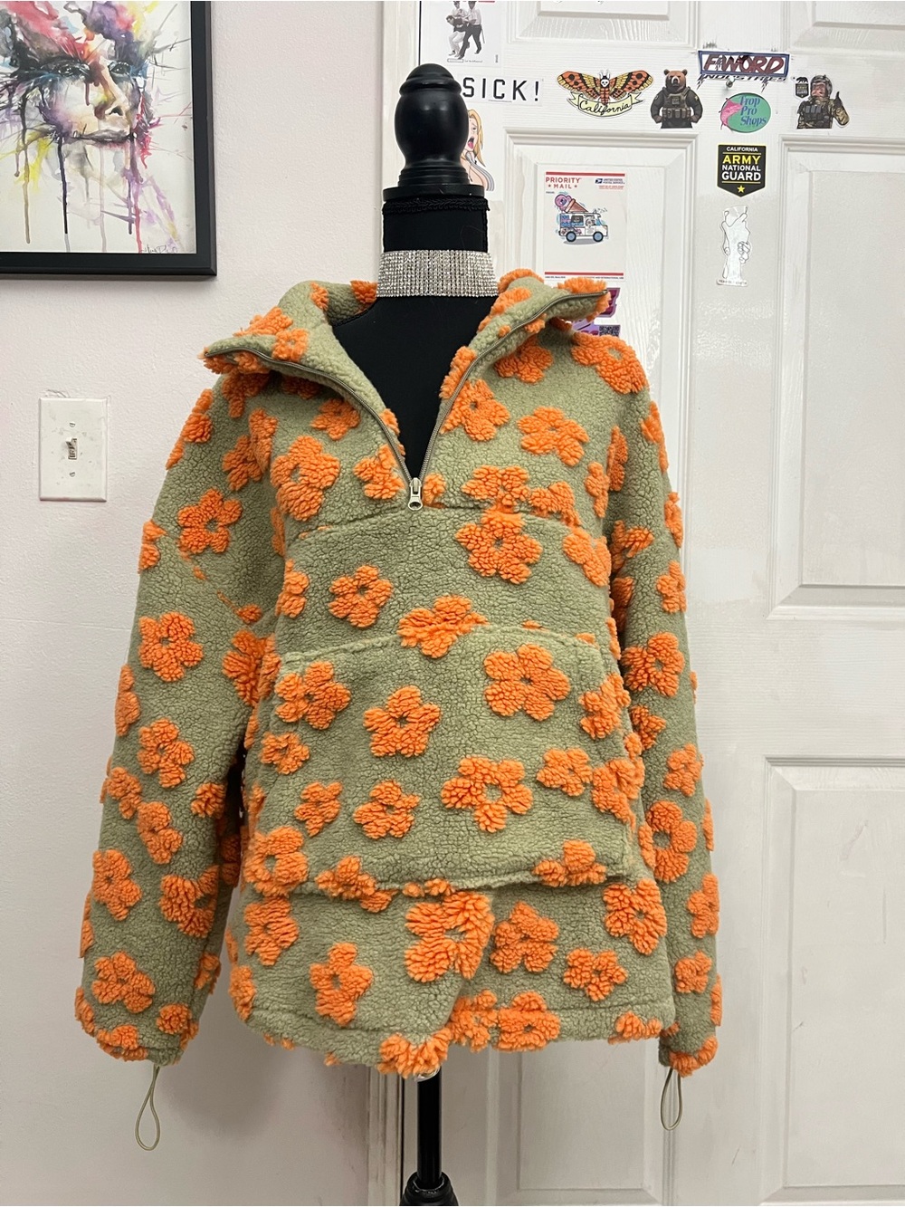 Women’s Floral Sherpa Pullover Jacket - Green with Orange Flowers